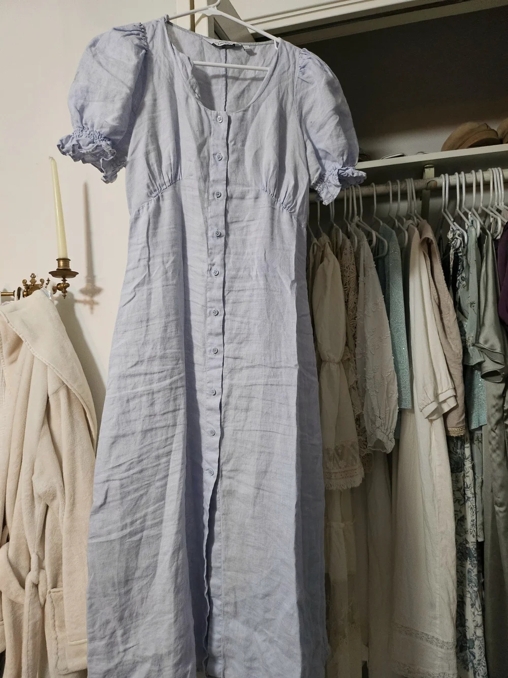 & Other Stories Powder Blue Linen Button-Front Midi Dress - Picture 3 of 6